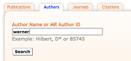 Screen shot of an Author Search using "werner" as the search term 
