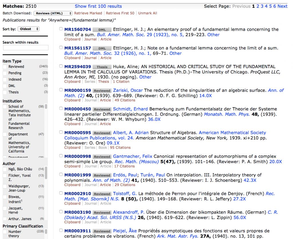 screen shot of search results for "fundamental lemma" sorted by oldest first