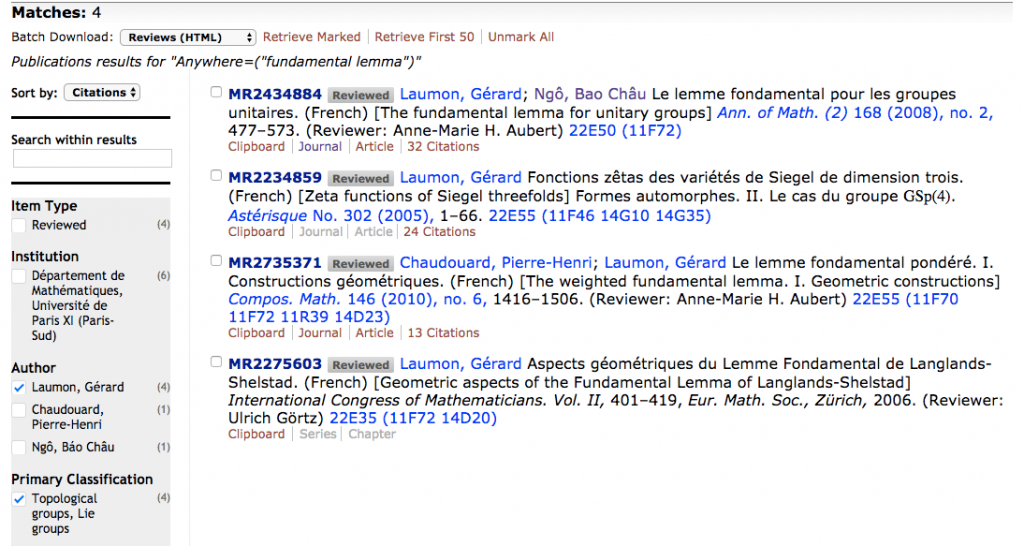Listing of the four matches in number theory for "fundamental lemma" with Author being Gérard Laumon, sorted by citations