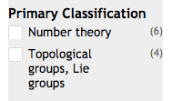 Screen shot of possible refinements by Primary Classifications, which are Number Theory (6 matches) or Topological groups, Lie groups (4 matches)