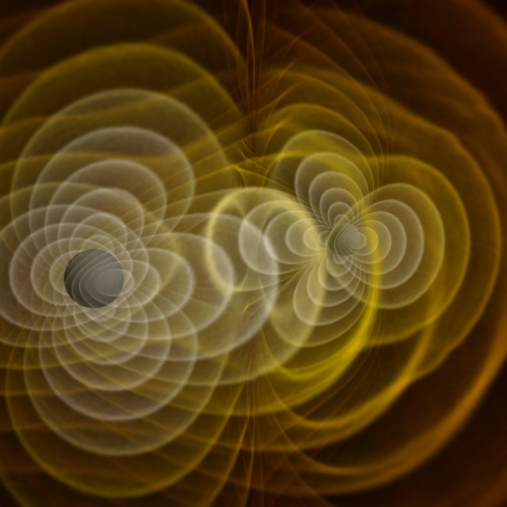 A simulation of the merger of two black holes and the resulting emission of gravitational radiation.
