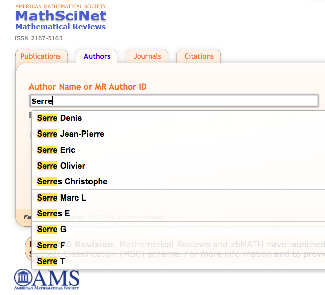 Screen shot of the auto suggest feature when searching the Author database