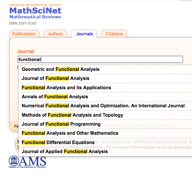 Screen shot of the auto suggest feature when searching the Journal database