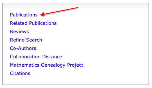 Selecting "Publications" from an author profile on MathSciNet