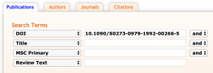 Example of searching for a DOI in a MathSciNet Publications search