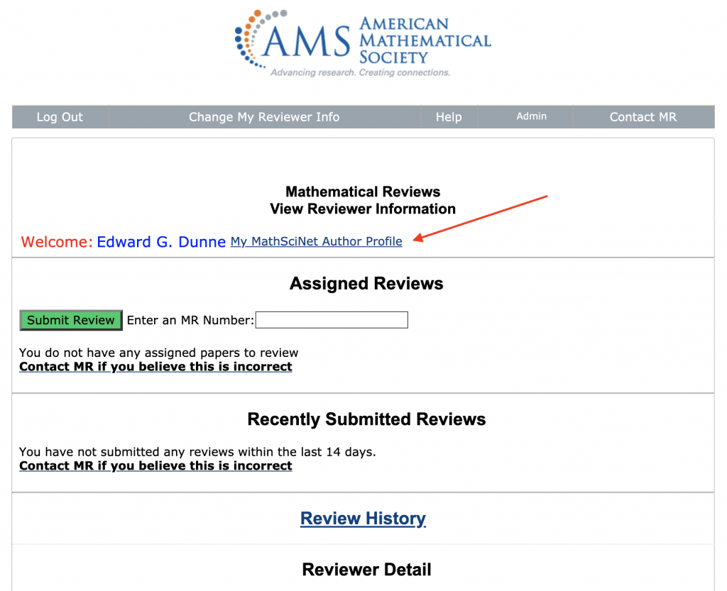 Reviewer Page Screenshot highlighting link to Author Profile Page