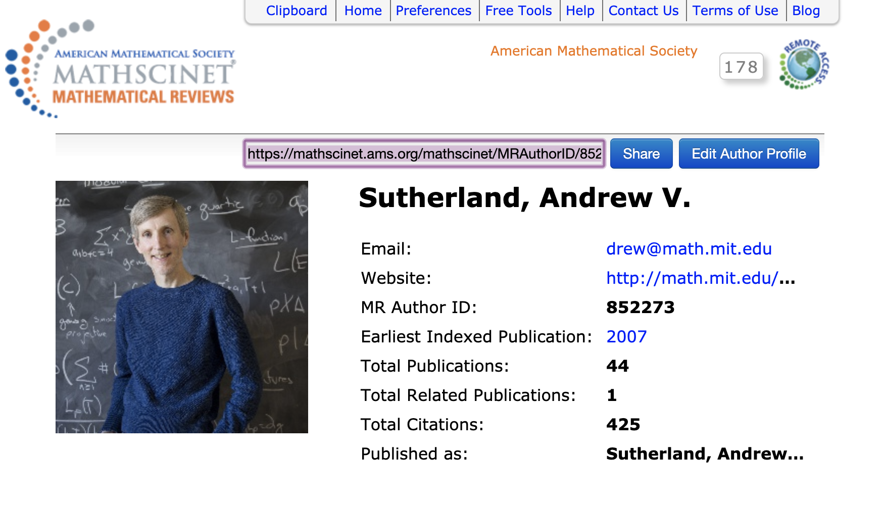 Author Profile Page for Andrew Sutherland showing the SHARE functionality