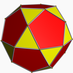 The icosidodecahedron, a solid "halfway through" the transition from dodecahedron to its dual, the icosahedron. Image: Tomruen, via Wikipedia. Created using Robert Webb's Great Stella software.